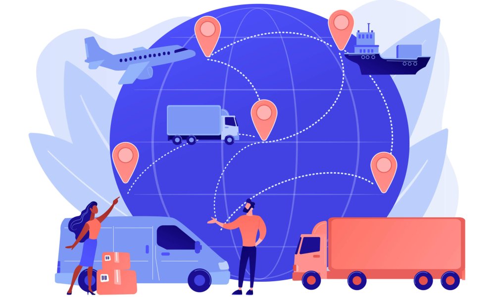 Internet store goods international shipment. Global transportation system, worldwide logistics and distribution, worldwide delivery service concept. Pinkish coral bluevector isolated illustration