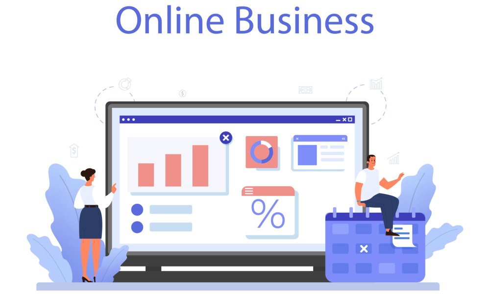 Business valuation online service or platform. Appraisal services, selling and buying a company. Business investing. Online business. Isolated flat vector illustration